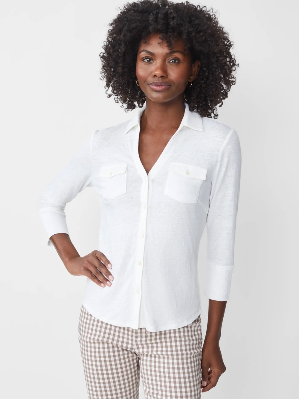 J McLaughlin Brynn linen shirt white large button down v neck 3/4 sleeve coastal
